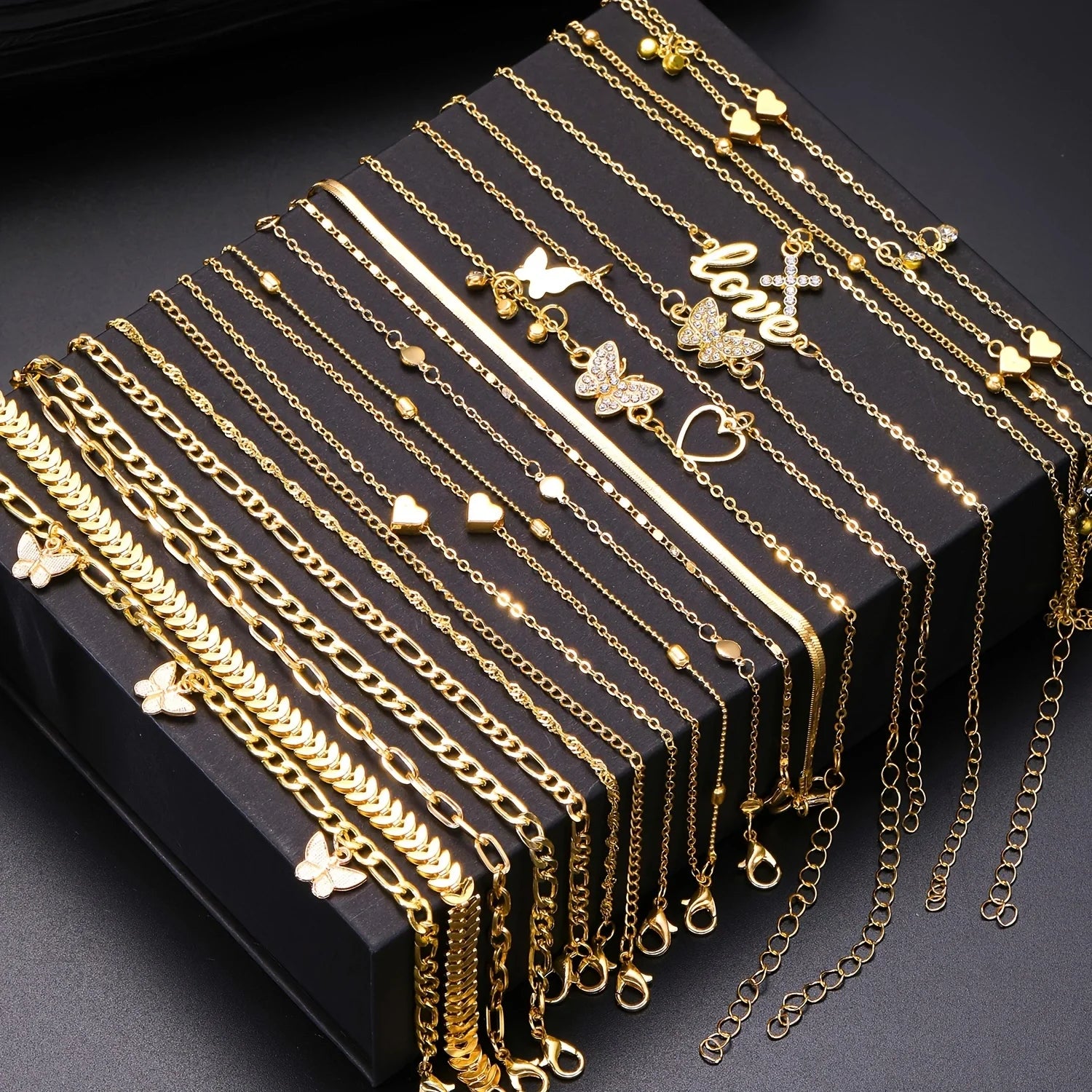 18-Piece Bohemian Summer Beach Anklet Set for Women with Vintage Butterfly and Heart Crystal Pendants - Fashion Jewelry Gift