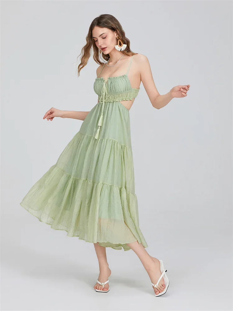 2024 Women's Bohemian A-Line Ruffle Dress with Spaghetti Straps and Cut-Out Back for Summer Events