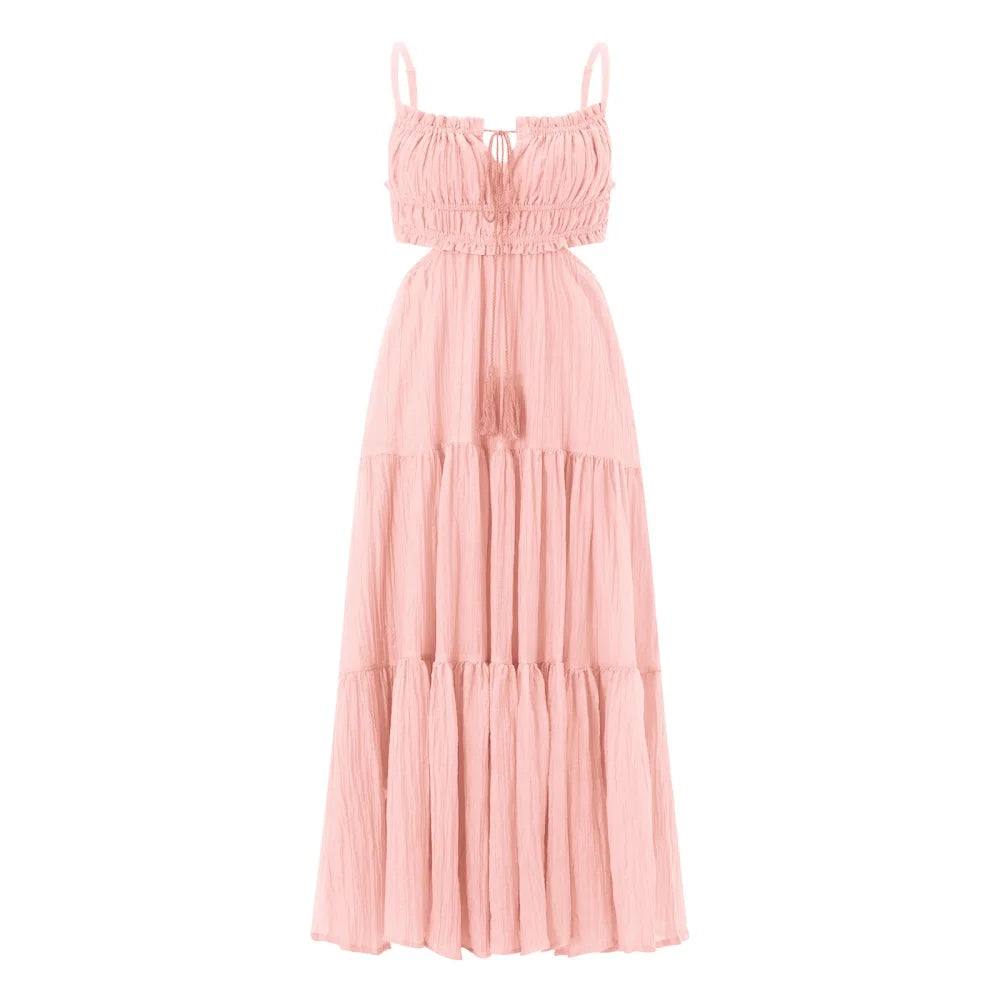 2024 Women's Bohemian A-Line Ruffle Dress with Spaghetti Straps and Cut-Out Back for Summer Events