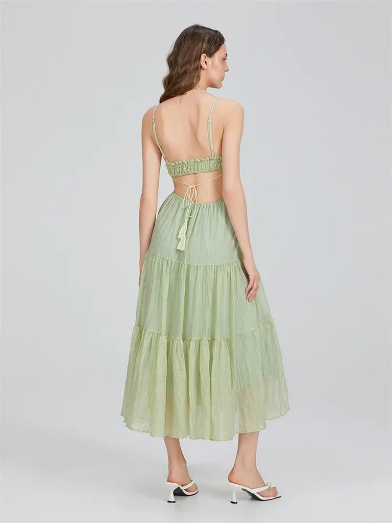 2024 Women's Bohemian A-Line Ruffle Dress with Spaghetti Straps and Cut-Out Back for Summer Events