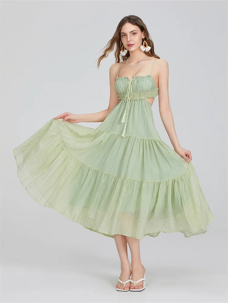 2024 Women's Bohemian A-Line Ruffle Dress with Spaghetti Straps and Cut-Out Back for Summer Events