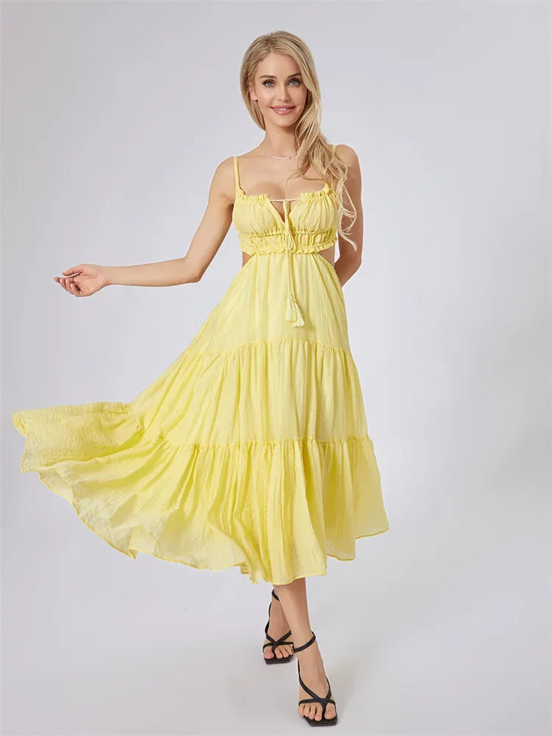 2024 Women's Bohemian A-Line Ruffle Dress with Spaghetti Straps and Cut-Out Back for Summer Events