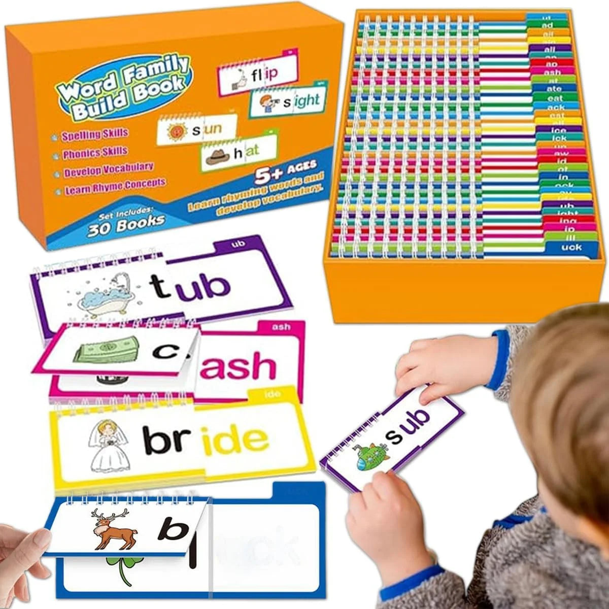 30 Phonics and Vocabulary Flip Books and Flash Cards for Kindergarten: Word Families, Sight Words, and ABCs