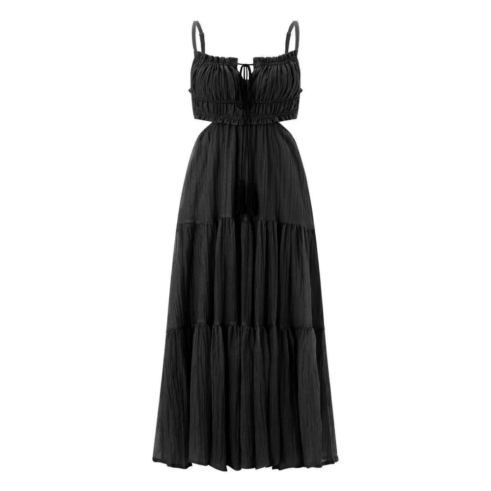 2024 Women's Bohemian A-Line Ruffle Dress with Spaghetti Straps and Cut-Out Back for Summer Events