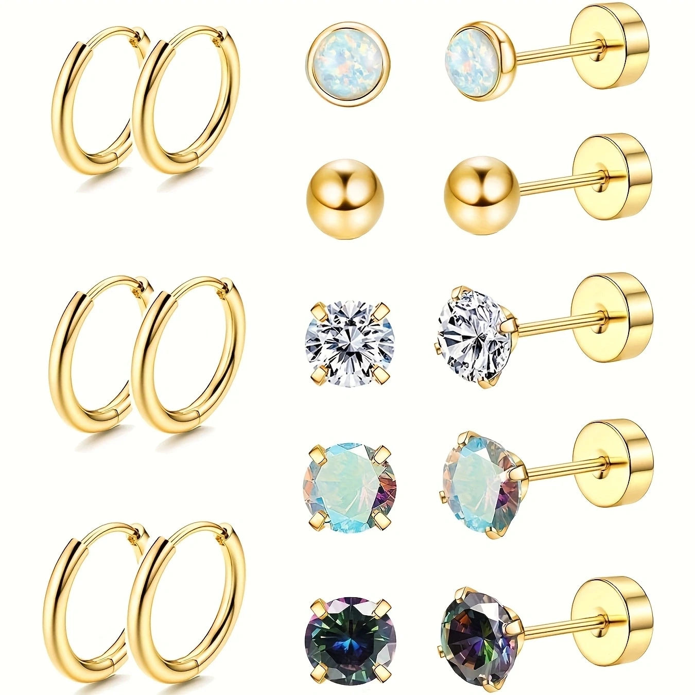 16-Piece Hypoallergenic Stainless Steel Flat Back Stud Earring Set for Men and Women Featuring Cubic Zirconia and Cartilage Screw Back Design