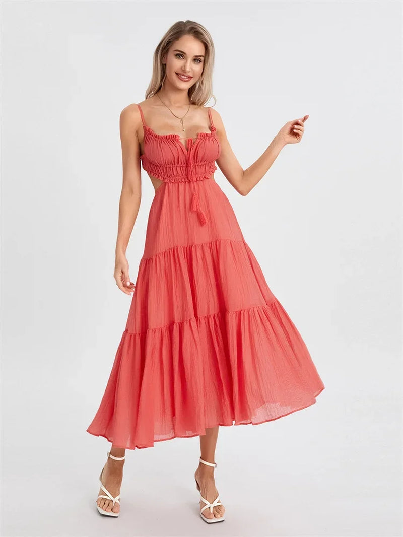 2024 Women's Bohemian A-Line Ruffle Dress with Spaghetti Straps and Cut-Out Back for Summer Events