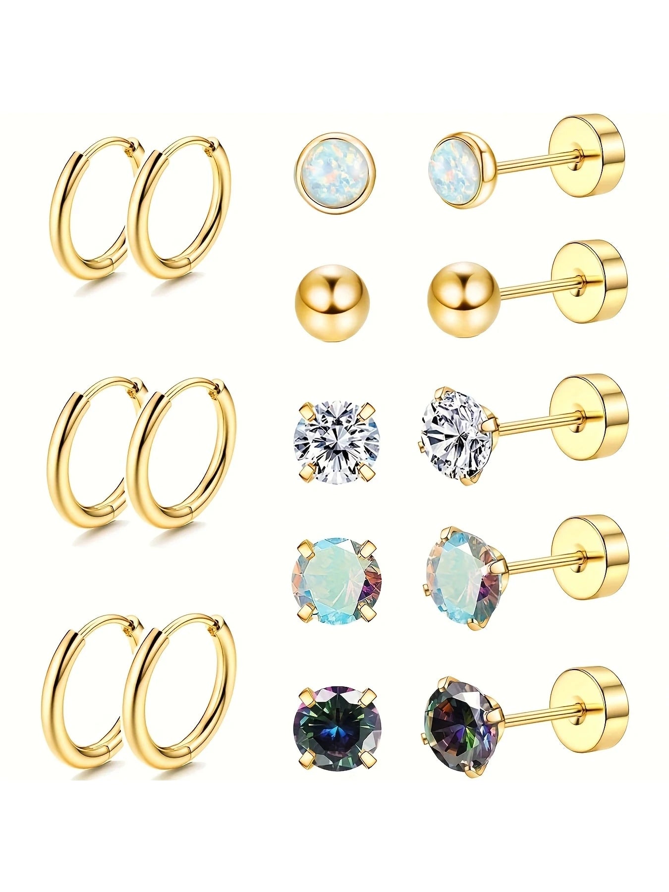 16-Piece Hypoallergenic Stainless Steel Flat Back Stud Earring Set for Men and Women Featuring Cubic Zirconia and Cartilage Screw Back Design