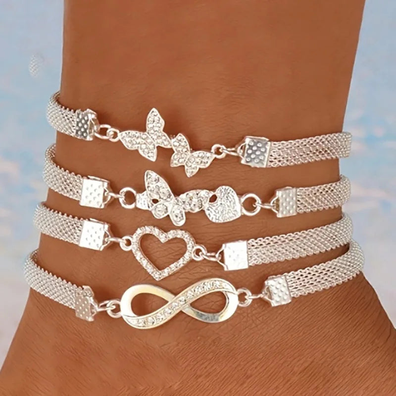 Bohemian Butterfly Anklet Set - 4 Pieces Silver Crystal Heart Charm Ankle Bracelets for Women, Ideal Summer Beach Foot Jewelry