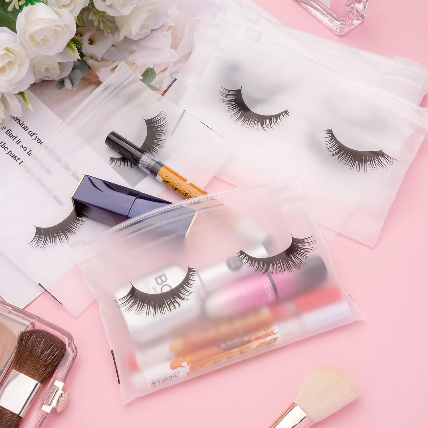 100PCS Eyelash Makeup Bags - Waterproof Plastic Makeup Bags with Zipper, Toiletry Pouch Cosmetic Bags for Clients