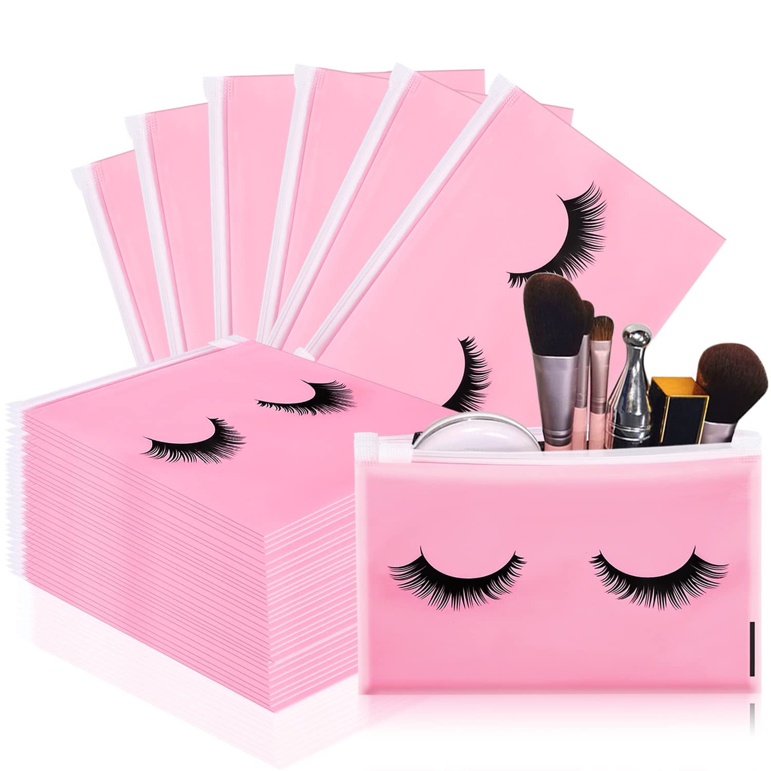 100PCS Eyelash Makeup Bags - Waterproof Plastic Makeup Bags with Zipper, Toiletry Pouch Cosmetic Bags for Clients