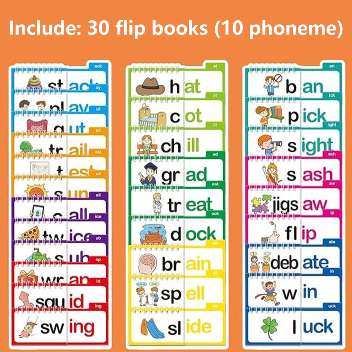 30 Phonics and Vocabulary Flip Books and Flash Cards for Kindergarten: Word Families, Sight Words, and ABCs
