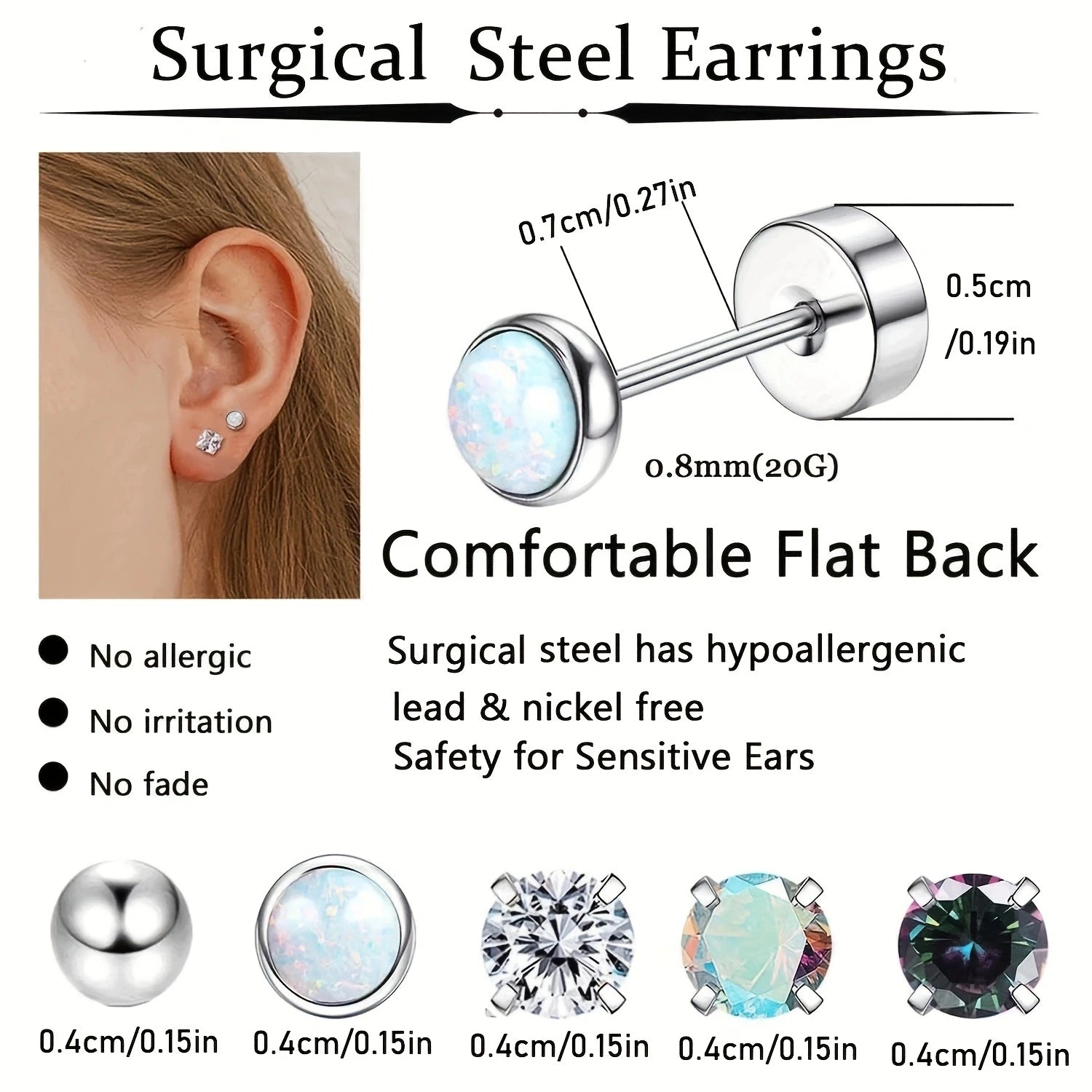 16-Piece Hypoallergenic Stainless Steel Flat Back Stud Earring Set for Men and Women Featuring Cubic Zirconia and Cartilage Screw Back Design