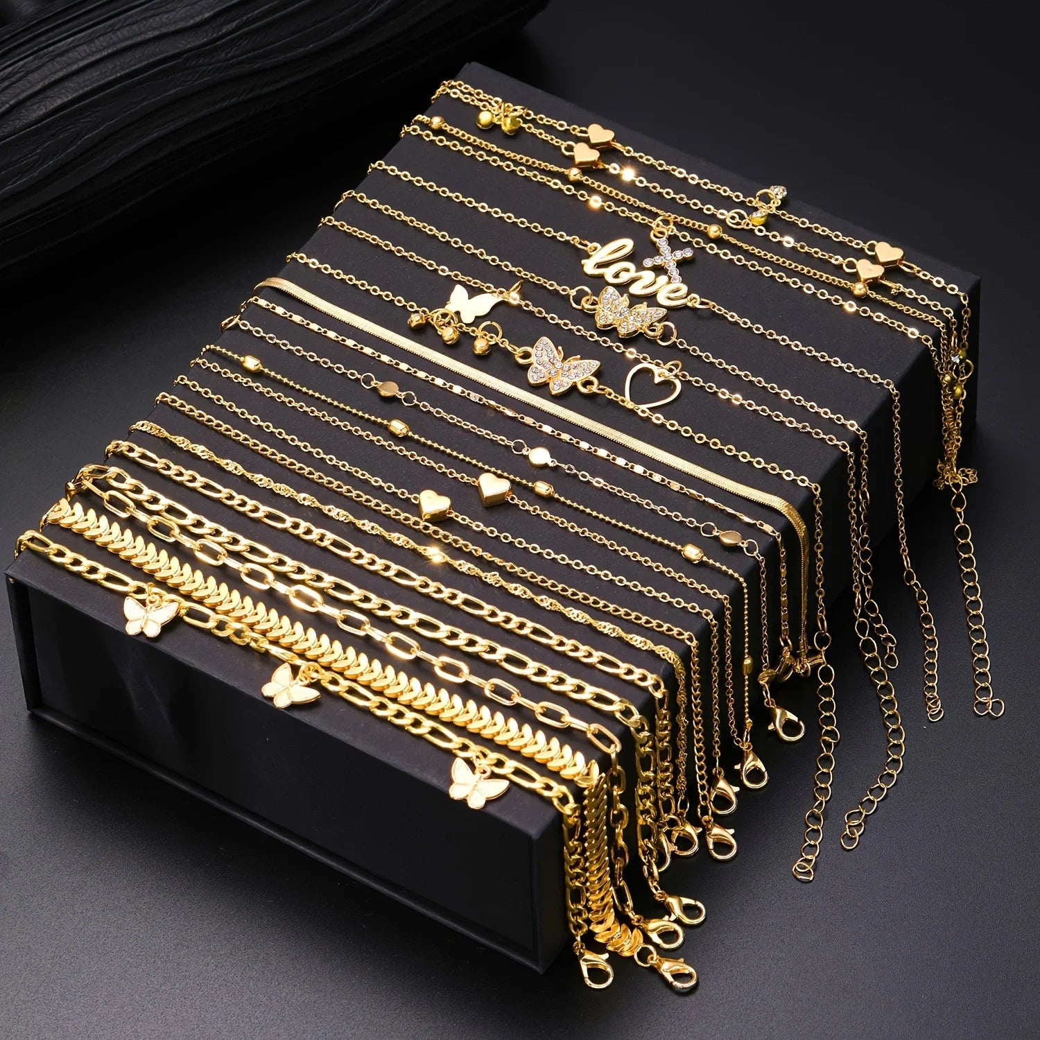 18-Piece Bohemian Summer Beach Anklet Set for Women with Vintage Butterfly and Heart Crystal Pendants - Fashion Jewelry Gift