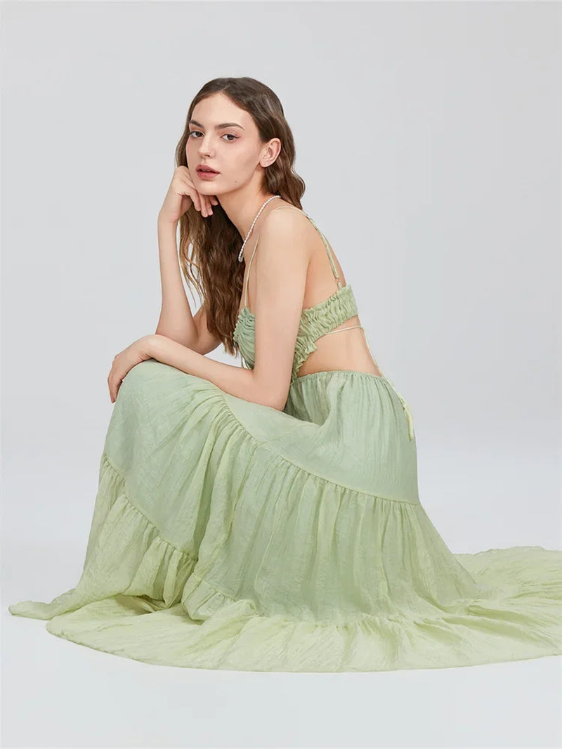 2024 Women's Bohemian A-Line Ruffle Dress with Spaghetti Straps and Cut-Out Back for Summer Events