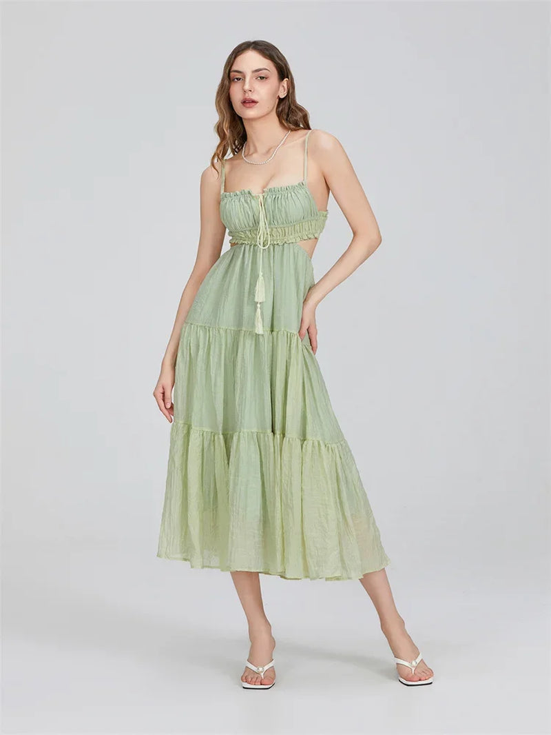 2024 Women's Bohemian A-Line Ruffle Dress with Spaghetti Straps and Cut-Out Back for Summer Events