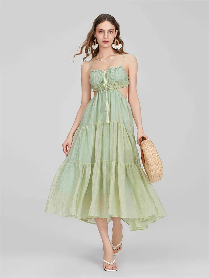 2024 Women's Bohemian A-Line Ruffle Dress with Spaghetti Straps and Cut-Out Back for Summer Events