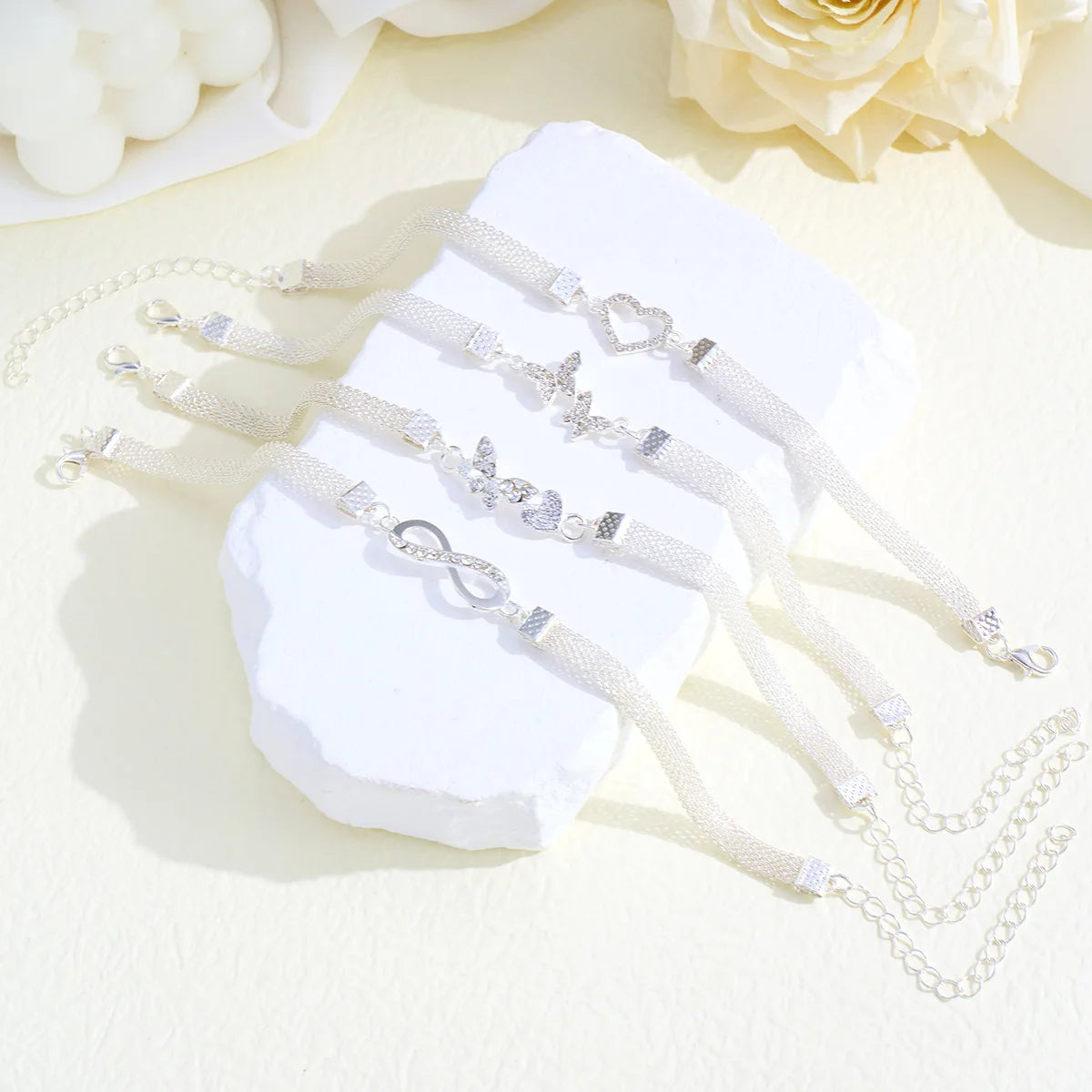 Bohemian Butterfly Anklet Set - 4 Pieces Silver Crystal Heart Charm Ankle Bracelets for Women, Ideal Summer Beach Foot Jewelry