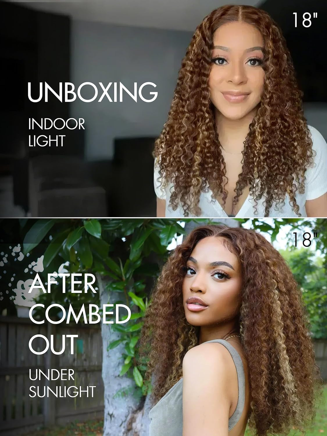 18 Inch Brown Highlight Kinky Curly Lace Front Wigs Human Hair 5X5 Transparent Human Hair Lace Frontal Wigs for Women 180% Density Curly Glueless Human Hair Wigs Pre Plcked