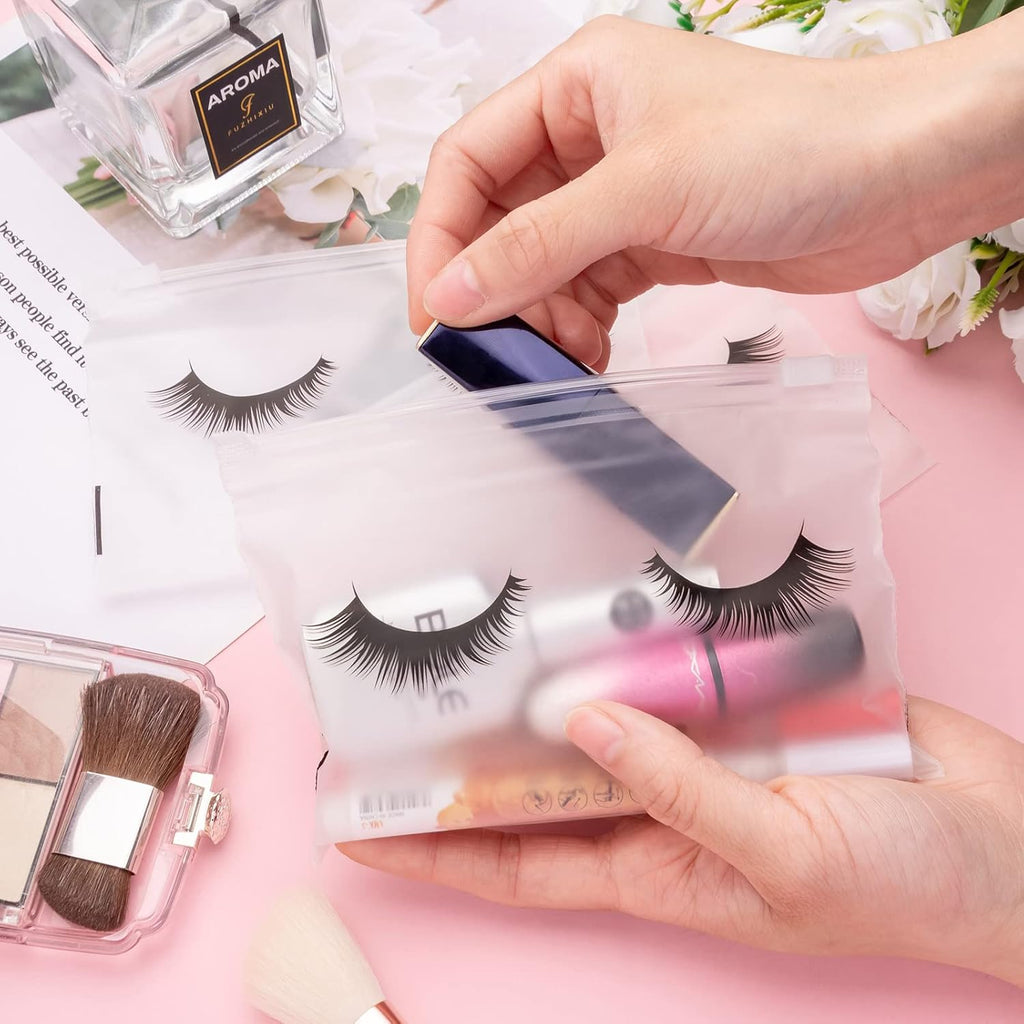 100PCS Eyelash Makeup Bags - Waterproof Plastic Makeup Bags with Zipper, Toiletry Pouch Cosmetic Bags for Clients