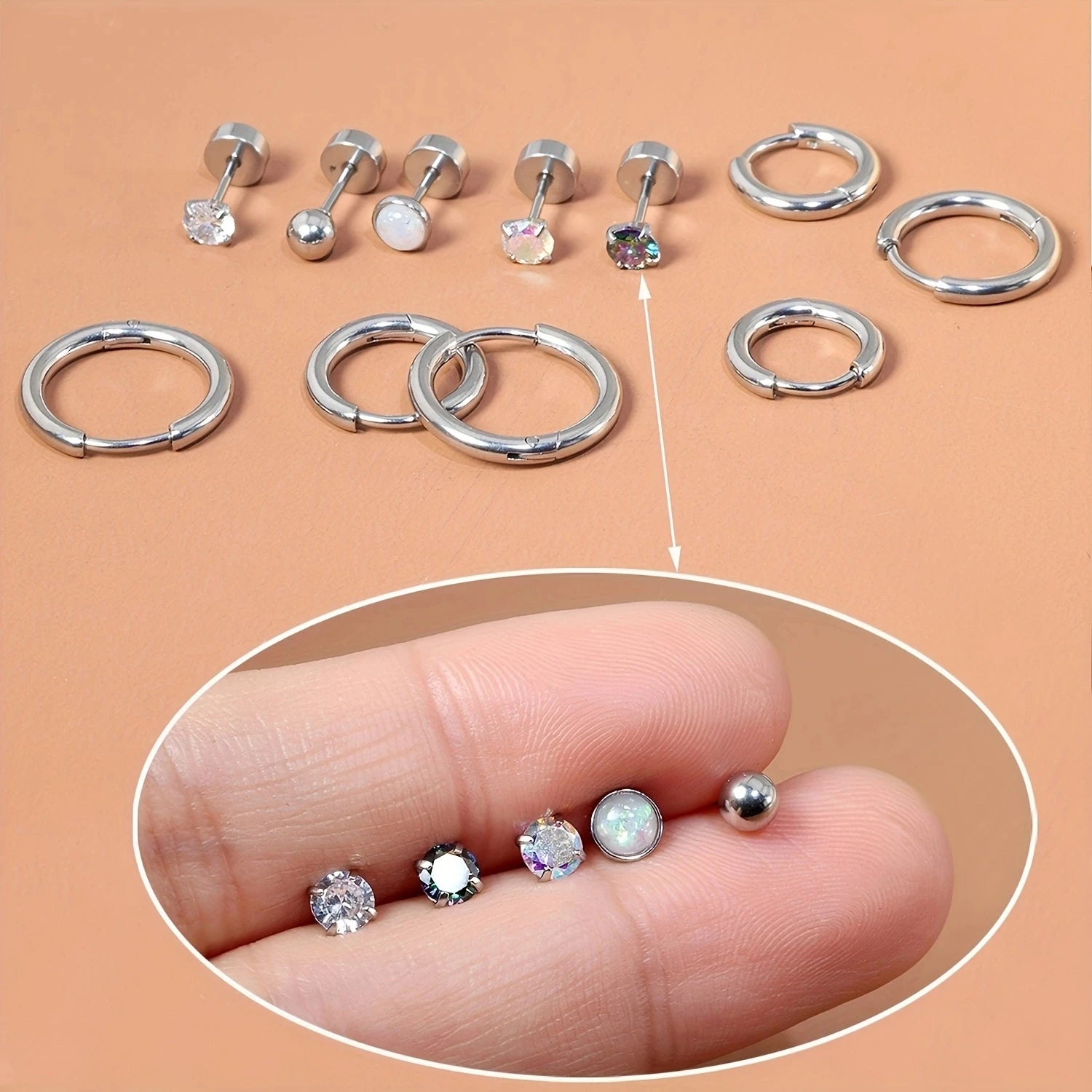 16-Piece Hypoallergenic Stainless Steel Flat Back Stud Earring Set for Men and Women Featuring Cubic Zirconia and Cartilage Screw Back Design