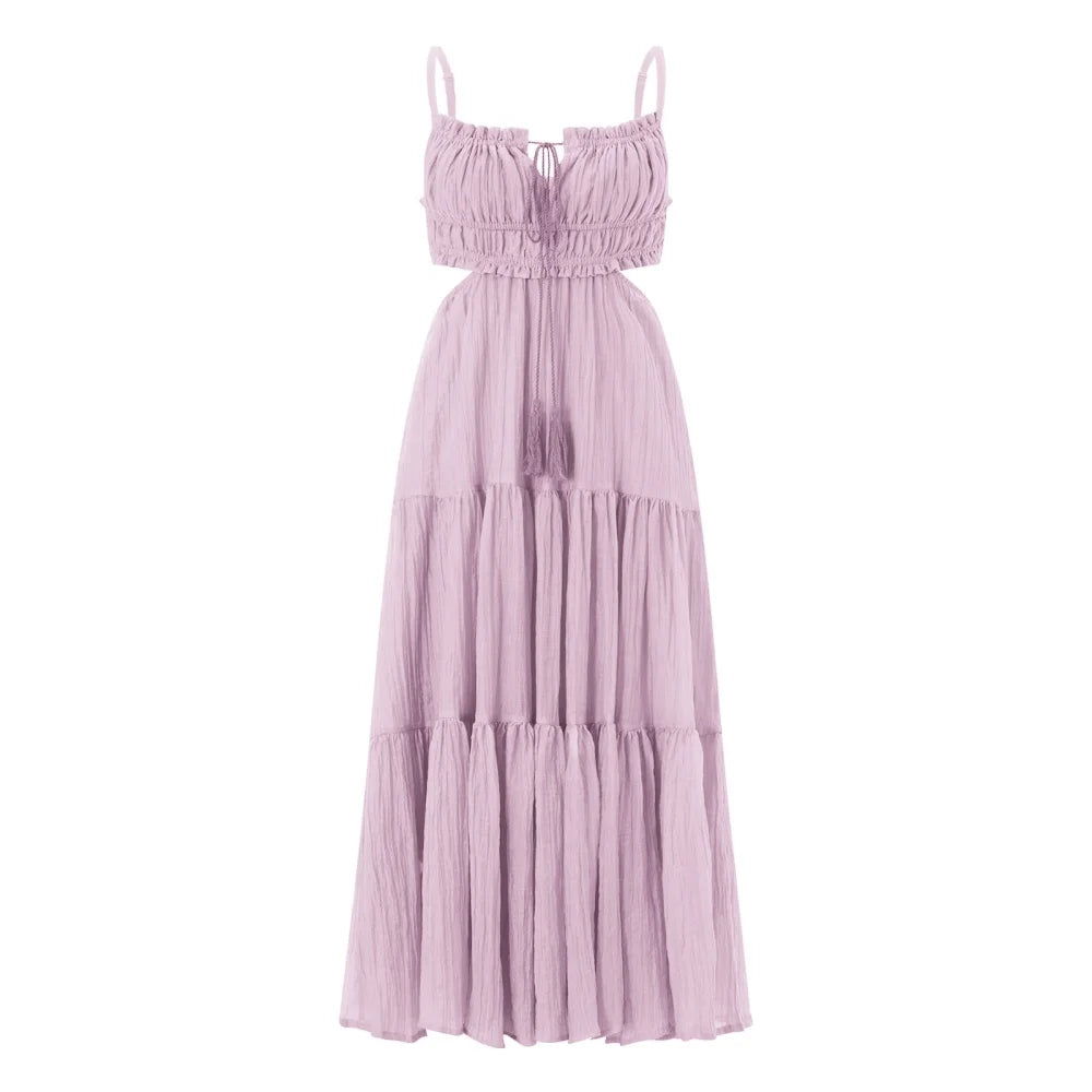 2024 Women's Bohemian A-Line Ruffle Dress with Spaghetti Straps and Cut-Out Back for Summer Events