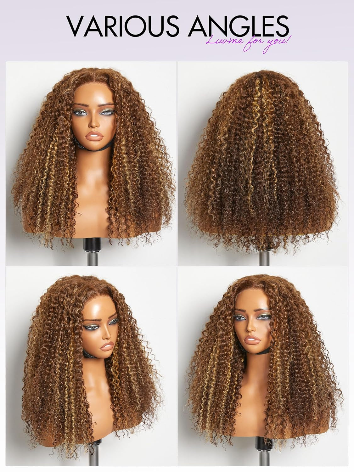 18 Inch Brown Highlight Kinky Curly Lace Front Wigs Human Hair 5X5 Transparent Human Hair Lace Frontal Wigs for Women 180% Density Curly Glueless Human Hair Wigs Pre Plcked